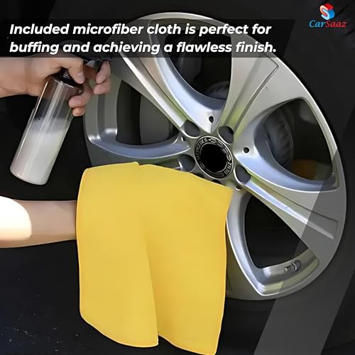 Image of CAR SAAZ Tyre Shiner 5L with 2 Applicator Pads, Empty Spray Bottle & Microfiber Cloth | Car & Bike Tyre Polish | Prevents Fading & Cracking | Shine & Protects | Non-Greasy, Long Lasting, Deep Gloss