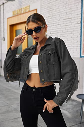 Hotloox Women's Fringe Jacket Button Down Long Sleeve Cropped Denim Jean Jacket With Pockets Black Xl #TOP1