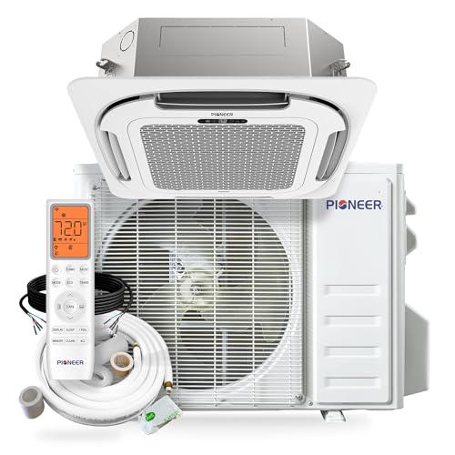 Pioneer Quantum Ultra Ceiling Cassette Ductless Mini Split Air Conditioner Heat Pump System, 360° Airflow, Built-in Wi-Fi & Voice Control, Drain Pump, Includes 16 Ft. Installation Kit (16000, BTUs)