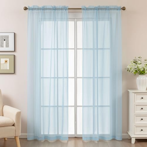 Image of Blue Sheer Curtains 84 Inches Long, Privacy Semi Sheer Curtains for Living Room Bedroom, Light Filtering Rod Pocket Voile Window Drapes 2 Panels Set, Each 42 inch W x 84 inch L