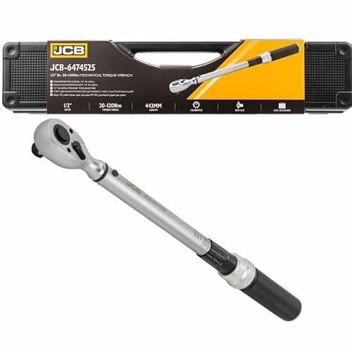JCB 1/2" Mechanical Torque Wrench 20–120Nm – Adjustable Torque Spanner with Reversible Ratchet, Steel Construction & Carry Case – Automotive, Bicycle & Workshop Maintenance