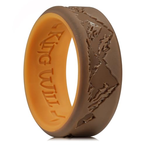 King Will Silicone Rings For Men Brown & Chestnut Yellow Rubber Wedding Bands with Unique Mountain Peak Design 8mm Wide 2.2mm Thick Comfort Fit Size 10