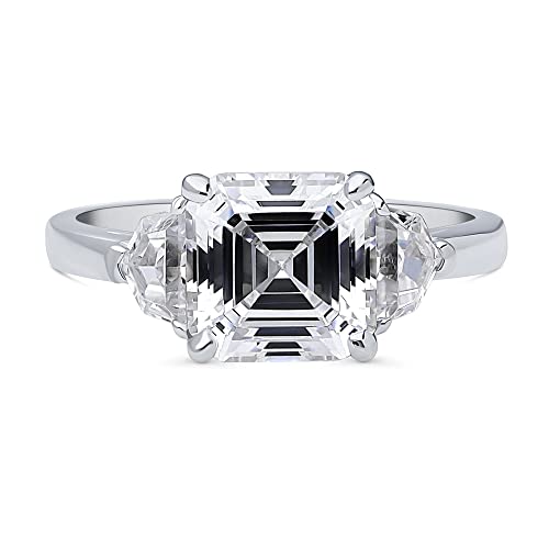 Berricle Sterling Silver 3-Stone Wedding Engagement Rings Asscher Cut Cubic Zirconia Cz Anniversary Ring For Women, Rhodium Plated Size 6 #TOP1
