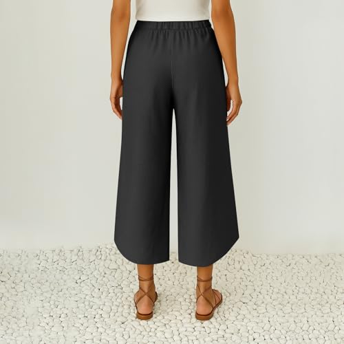 Cropped Linen Pants Women Cute Summer Comfy Loose Drawstring Elastic High Waisted Wide Leg Lounge Pants with Pockets3