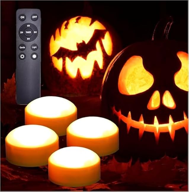 iZAN 4 Pack Battery Operated LED Pumpkin Lights with Remote and Timer, Bright Flickering Flameless Candle Set for Pumpkin D¹Ècor Jack-O-Lantern Halloween Party Home Christmas Decorations, Orange Color