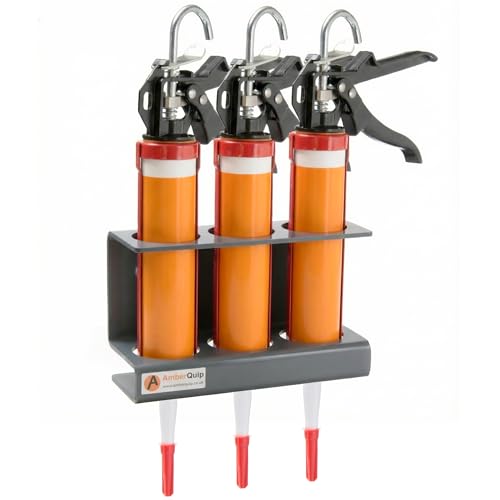 Amberquip Caulk Gun Holder – Van & Workshop Wall Mount Storage Accessory. 100% Rustproof. Mastic Cartridge Organiser Rack for Storing Mastic, Sealant, Adhesive, Silicone Guns. Grey. (3 Gun Holder)