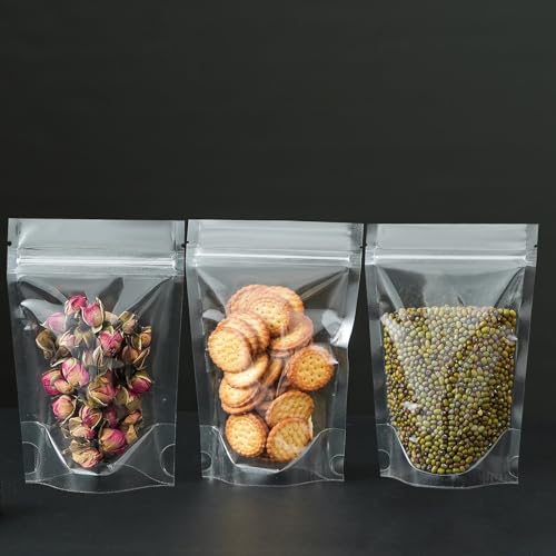 Image of 50 Pcs Resealable Packaging Bags, clear stand up food pouch bags with resealable lock seal zipper for Packaging Products,Nuts,Snack,Tea,Spices,Pet Food and Soaps (4.7x6.7inch)