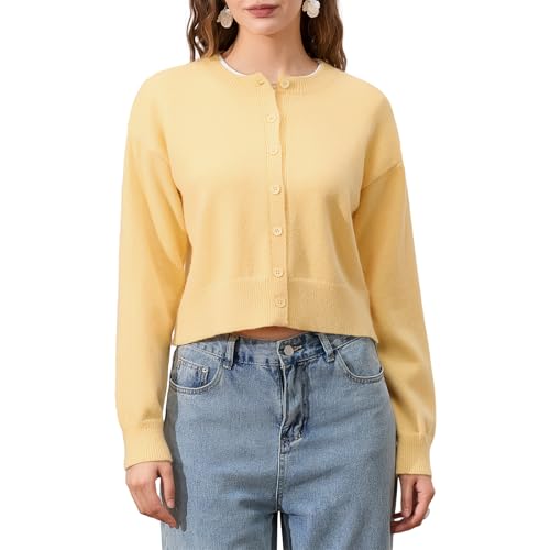 Image of Womens Y2K Cardigan Sweaters Long Sleeve Open Front Button Down Crop Sweater Solid Knit Pullover Fall Outfits Tops (Yellow, S)