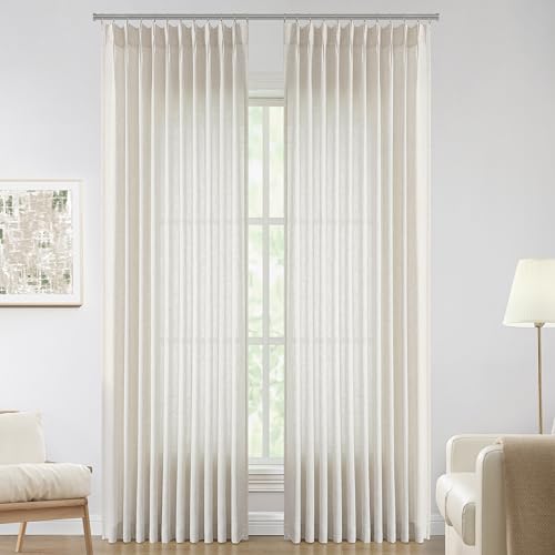 Image of Vision Home Natural Pinch Pleated Semi Sheer Curtains Textured Linen Blended Light Filtering Window Curtains 112 inch for Living Room Bedroom Patio Pinch Pleat Drapes with Hooks 1 Panel 60 inch Wx112 L