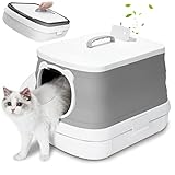 FLARUZIY 13L Fully Covered Cat Litter Box, Foldable and Portable Litter Box with Shovel and Storage Space, Prevents Urine and Litter Leakage, Isolates Odor, Grey