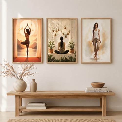 Image of Livin'luxe Set of 3 Yoga Meditation Women Wall Paintings for Living Room Bedroom Home Decor with Premium Wooden Color Synthetic Frame (25.5 x 19.5 Inch) NM03-65