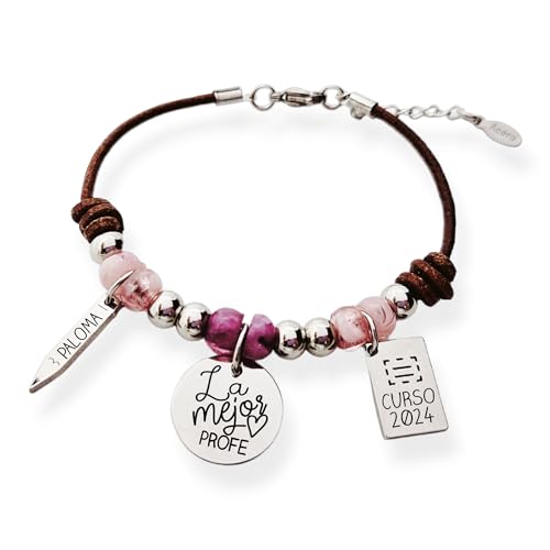 Pulsera para profesora personalizada, ajustable, cuero nacional, acabados en acero inoxidable. Regalos para profesores. (Resinas Rosas, Con frase (La mejor profe).
