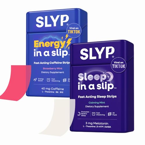 Slyp Fast Dissolving Oral Mint Sleep Strips Natural Sleep Melatonin 3mg L Theanine GABA 5 HTP Caffeine Strips Energy Supplements Strawberry Mint 40mg Caffeine L Theanine Vitamin B6 B12 Bundle