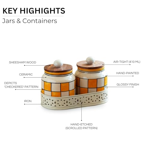 Image of ExclusiveLane 'Shatranj Checkered' Multi Utility Storage Ceramic Jars for Kitchen Storage with Iron Tray (Air-Tight, Set Of 2, 410 ml) | Ceramic Container with Tray Storage Jars