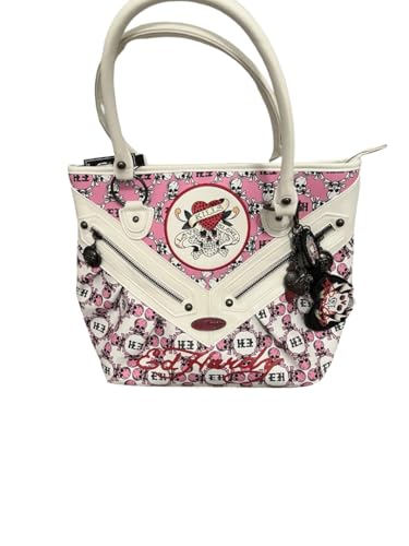Bolso tipo tote ED HARDY en rosa y blanco con charm de diamantes de imitación y lema 'Love Kills Slowly' miniatura 1