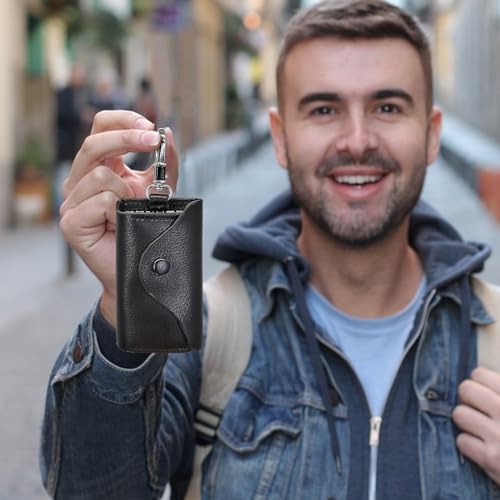 Étui à clés en cuir multifonction à bouton-pression noir - 7