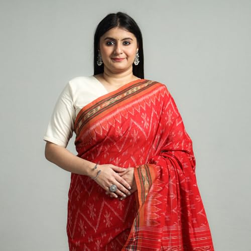 Image of Ikat Women's Pure Cotton Saree Traditional Craftsmanship Double Ikat Weaving Floral Handmade Ethnic Saree without Blouse Piece