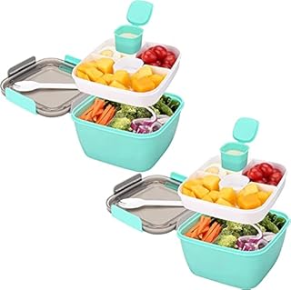 Ylebs 2 Pack Bento Box Adult Lunch 1500ML Salad Bowls,3 Compartment Tray with Salad Dressings Container,Used to Meal pre-Prepare Food Fruit Snack,Leak Proof (Green)