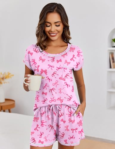 Image of Ekouaer Womens Pajama Sets 2 Piece Soft Short Sleeve Top and Shorts Sleepwear Round Neck Pjs Lounge Set with Pockets