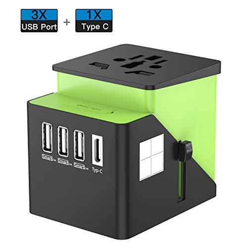 Universal Travel Adapter, International Power Adapter with 4 USB,European Adapter for UK,US,AU,CA,India 150+ Countries,All in One Travel Plug Adapter Europe (Green New)
