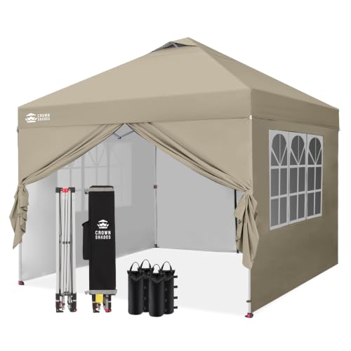 CROWN-SHADES-10X10-Pop-Up-Canopy-Tent-with-Sidewalls-One-Push-Setup-Khaki CROWN SHADES 10X10 Pop Up Canopy Tent with Sidewalls, One-Push Setup, Khaki - Image 1