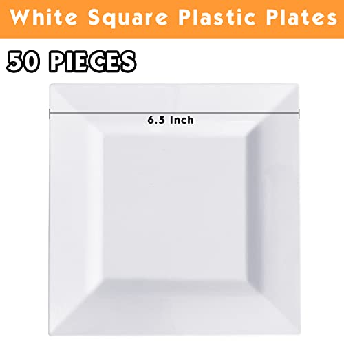 Tiaiidi 50 Pieces White Square Plastic Plates,6.5 Inch Disposable Dessert Plates,Premium Hard Salad Plates For Dinner,Wedding,Party Supplies #TOP1
