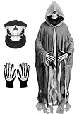 Grim Reaper Costume Halloween Horror Cloak with Hood for Men Vintage Scary Hooked Cloak Set, Skull Mask & Skeleton Gloves (Gray)