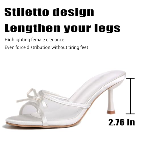 Women's Mesh Bow Fish Mouth Kitten Heel Mules Slide Sandals Comfort Sexy Open toe Slip On Stiletto Backless Dress Slippers for Summer Party Wedding Work3