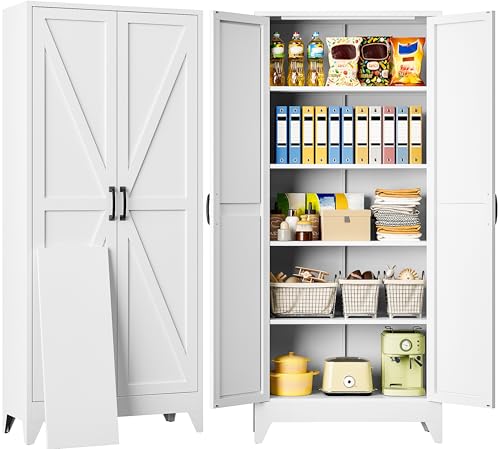 SISESOL 75" Tall Pantry Cabinet,Farmhouse Kitchen Pantry Storage Cabinets with 2 Doors and 5 Shelves,White Metal Storage Cabinet,Large Cupboard for Home,Kitchen,Dining/Living Room