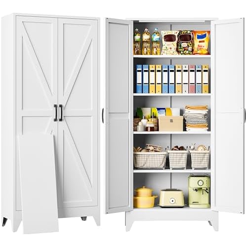 SISESOL 75″ Tall Pantry Cabinet,Farmhouse Kitchen Pantry Storage Cabinets with 2 Doors and 5 Shelves,White Metal Storage Cabinet,Large Cupboard for Home,Kitchen,Dining/Living Room