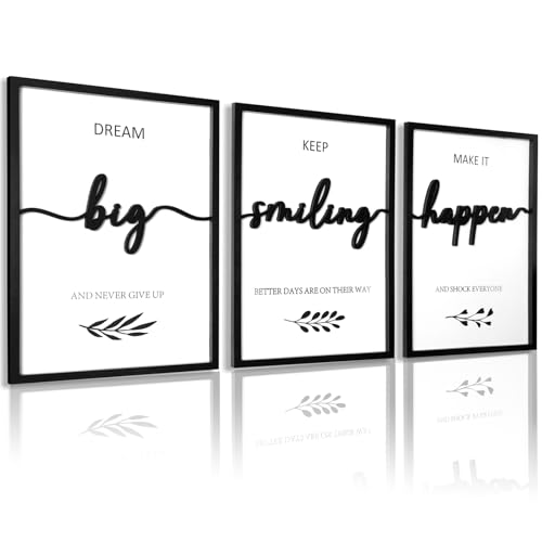 KIOSSUT 3D Wood Framed Black and White Wall Art, 3D Wood Signs Decor for Living Room Bedrom (Ready to Hang, 12 x 16 inches, Art Print) (Dream Big, 16"L x 12"W)