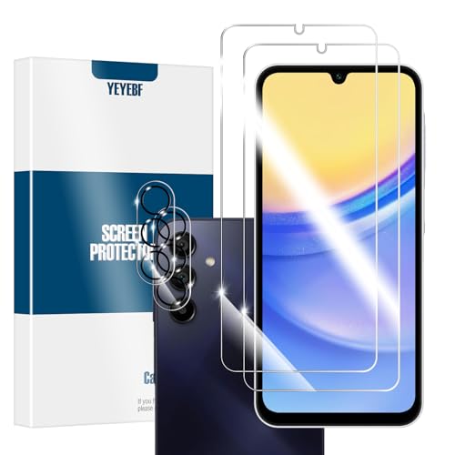 YEYEBF Galaxy A15 HD Clear Tempered Glass Screen Protector + Camera Lens Protectors, [2+2 Pack] [3D Glass] [Anti-Glare] [Bubble-Free] Screen Protector Glass For Samsung Galaxy A15 5G/4G