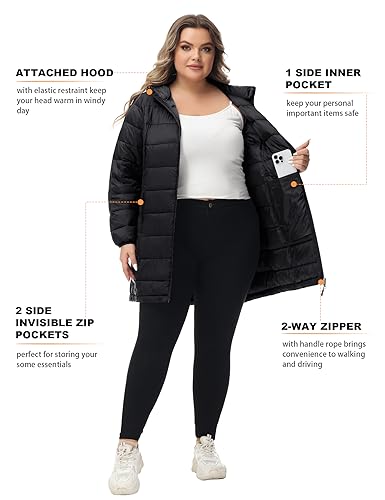 ROYAL MATRIX Women's Plus Size Puffer Jacket Packable Lightweight Hooded Quilted Spring Fall Long Puffer Coat4