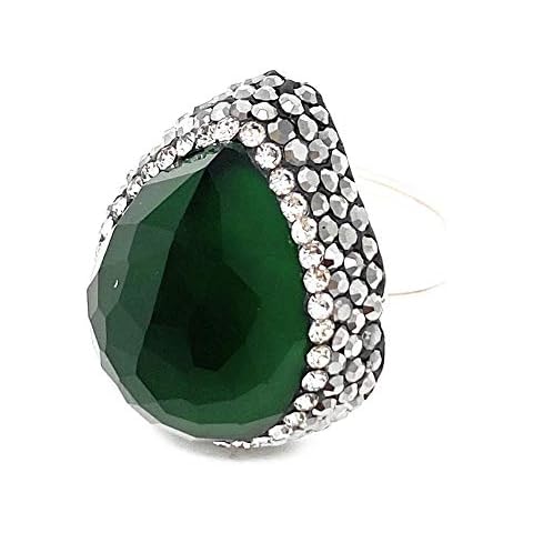Duel On Jewel Turkish Silver Rhodium Ottoman Sultan Womens Cocktail Teardrop Adjustable Ring Size 6 to 8 in Green Zircon and Accents - Gifts Bridal Wedding Party Cover