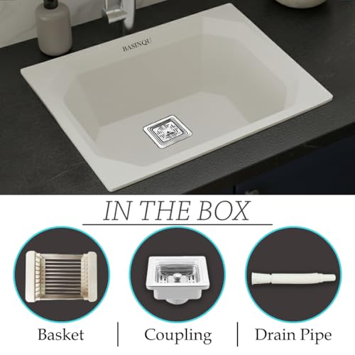 Image of BASINQU Quartz Sink for Kitchen | 24x18x9 Inches White Single Bowl Sink For Kitchen Basin Diamond Designed | Granite UV Protected Scratch Resistant, Undermount /Topmount Kitchen Sinks