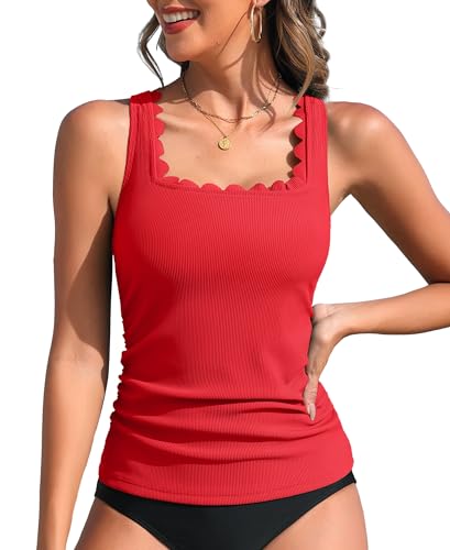 Tankini Tops for Women Ribbed Swimwear Top Only Scalloped Bathing Suit Top Modest Swim Top