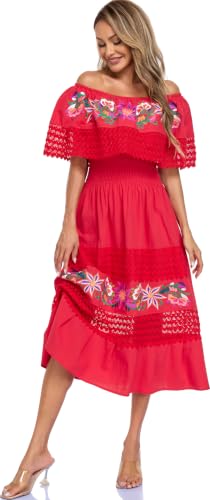 Image of YZXDORWJ Women Embroidered Mexican Peasant Casual Sexy Lace Off-Shoulder Long Dress