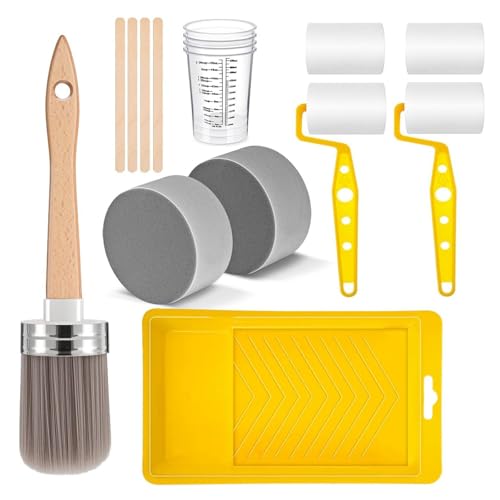 Juego de 18 piezas de pinceles y rodillos de pintura para artistas, juego de herramientas de pintura para gabinetes, muebles con tazas de mezcla, herramienta esencial de pintura