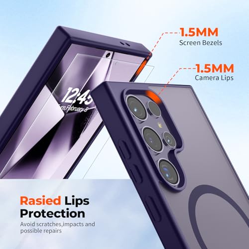 Image of SUPFINE Magnetic for Samsung Galaxy S24 Ultra Case with Screen Protector, (Built-in Magnets) (Military Grade Drop Protection) Slim Translucent Shockproof Phone Case,Dark Purple