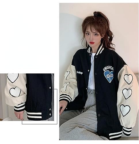 Women Cute Vintage Varsity Jacket Kawaii Heart Print Hip Hop Bomber Jacket Y2K Japanese Korean Preppy Button Up Streetwear4