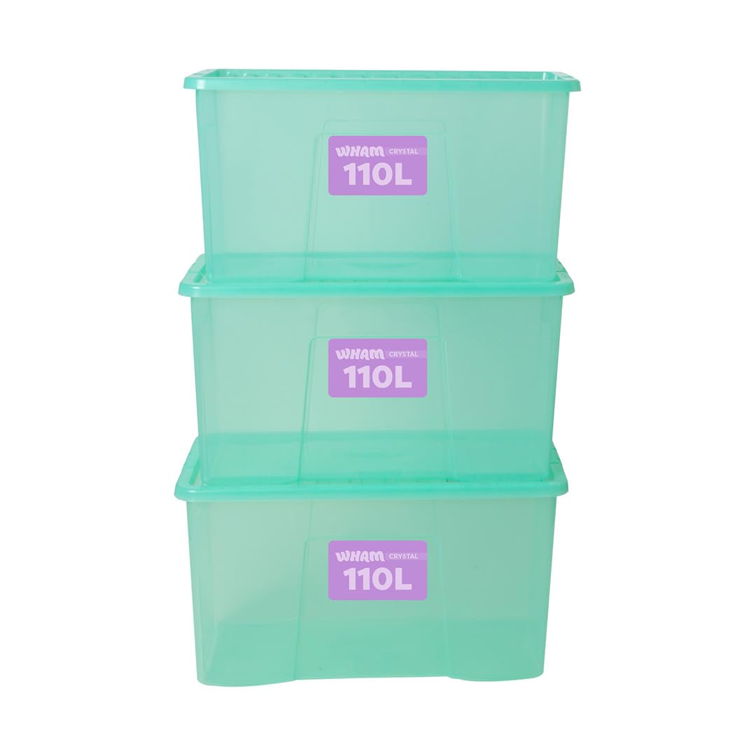 Wham Tint Spearmint Crystal Plastic Storage Boxes With Lids Home Office Stackable Nestable Container Box, 110L Easy Fit Underbed Protective Storage Box, 79.5 X 39.5 X 42 Cm - (Set Of 5)