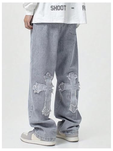 Men's Vintage Cross Patch Baggy Jeans High Waisted Wide Leg Denim Pants with Pockets2