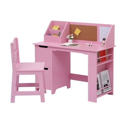 dainslef Kids Study Desk & Chair Set with Bookshelf & Bulletin Board - White Writing Table, Storage Cabinets, for Ages 3-8, Pink