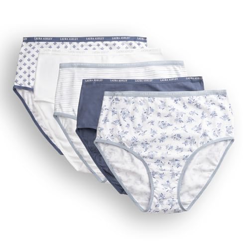 Laura Ashley Women's Cotton Brief Underwear Set, High-Waisted Panties for Women, 5-Pack (US, Alpha, Large, Regular, Regular, Blue Ditsy/Thundercloud Blue/Blue Stripe/White/Blue Geo)