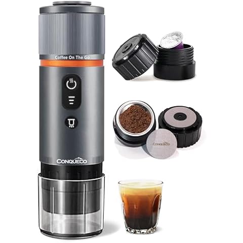CONQUECO Portable Espresso Coffee Machine: 12V Electric Small Travel Expresso Maker - Self Heating 8 Cups Battery Powered Compatible for Nespresso Capsule Coffee Ground - for Camping RV Hiking Office Cover