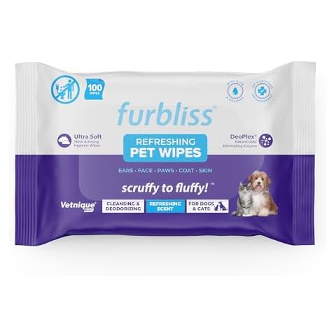 Vetnique Labs Furbliss Hygienic Pet Wipes for Dogs & Cats, Cleansing Grooming & Deodorizing Hypoallergenic Thick Wipes with All Natural Deoplex Deodorizer (Refreshing Scent, 100ct Pouch) Cover