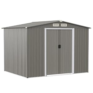GOPLUS 260 × 207 × 180 cm gereedschapsschuur met fundering, 9,7 m³ gereedschapsschuur met schuifdeuren, ventilatieramen en zadeldak, metalen tuinhuis voor tuin en terras (lichtgrijs)