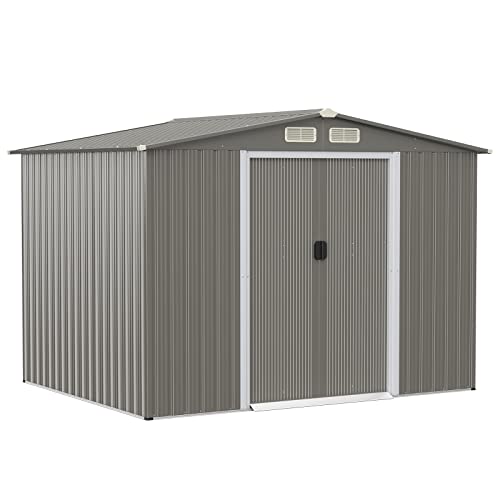 GOPLUS 260 × 207 × 180 cm Gerätehaus mit Fundament, 9,7m³ Geräteschuppen mit Schiebetüren, Lüftungsfenster & Satteldach, Gartenhaus Metall für Garten & Terrasse (Hellgrau)