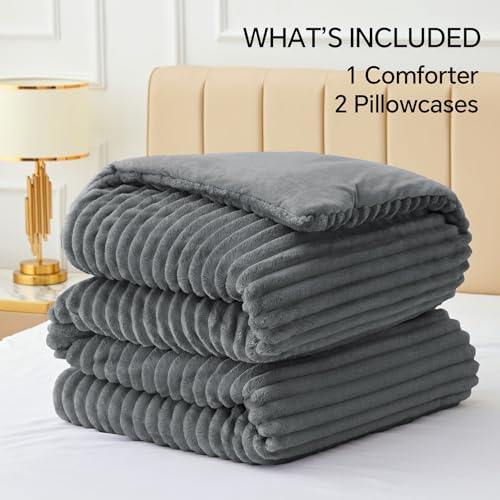 BEDELITE Fleece King Comforter Set -Super Soft & Warm Fluffy Grey Bedding, Luxury Fuzzy Heavy Bed Set for Winter with 2 Pillow Cases