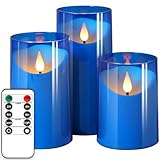 NURADA Flameless Candles: LED Pillar Acrylic Battery Candles with Remote and Timer for Wedding Party Romantic Decor - Pack of 3 Blue